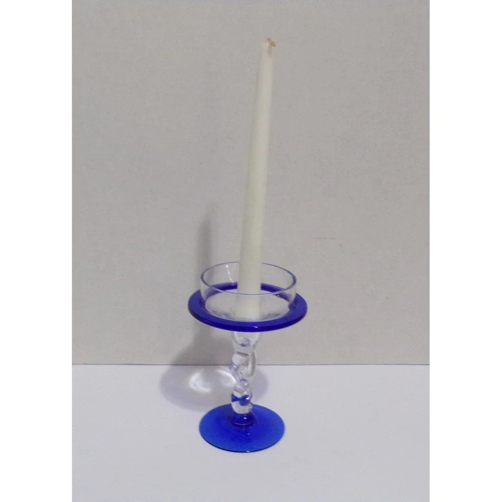 Cobalt Blue & Clear Hand Blown  Twisted Stem Candle Holder 6.5
